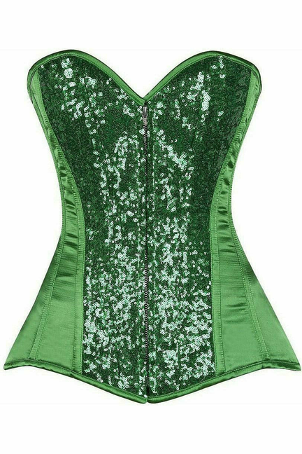 Green sequin steel-boned corset with sweetheart shape and boning seams.