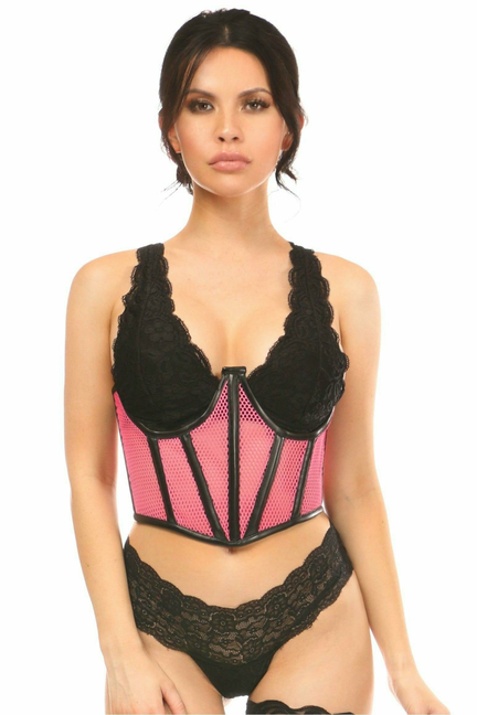 Pink fishnet underwire open-cup waist cincher with black lace cups and lace hem