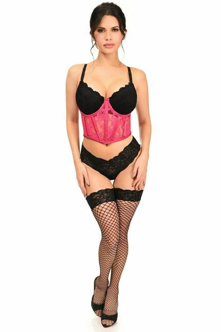 Fuchsia sheer lace underwire waist cincher with black lace cups, full body front view