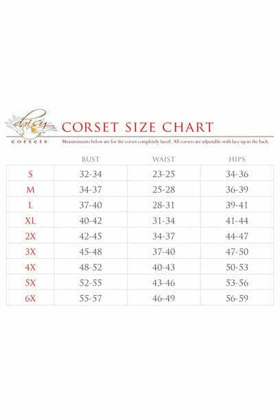 Corset size chart poster with bust, waist, and hips measurements