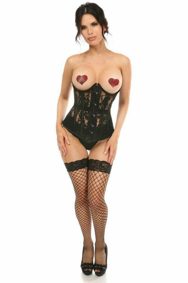 Black sheer lace underbust corset with underwire open cups and heart applique accents