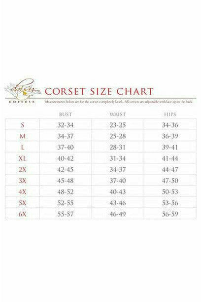 Corset size chart showing bust, waist, and hip measurements for cincher sizes