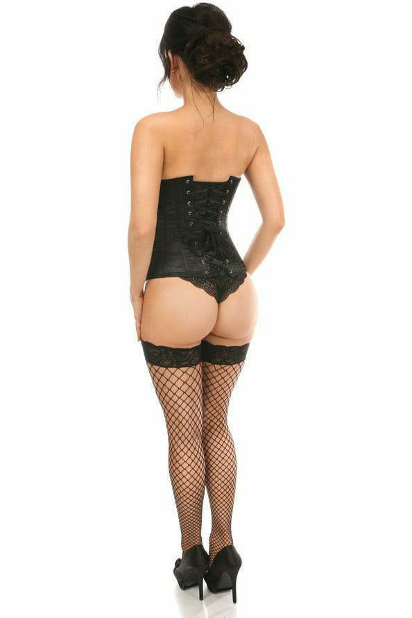 Black underbust corset with open bust, hook-front closure, and lace hem (side view)