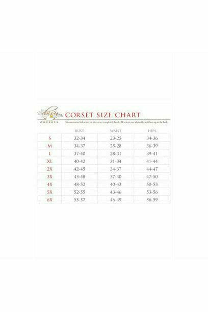Corset size chart listing bust, waist, and hip measurements by size