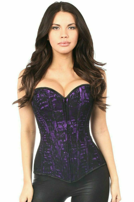 Purple lace corset with front zipper, sweetheart neckline, sleeveless