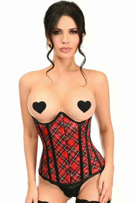 Plaid underbust corset with open cups, black heart motifs and mesh trim