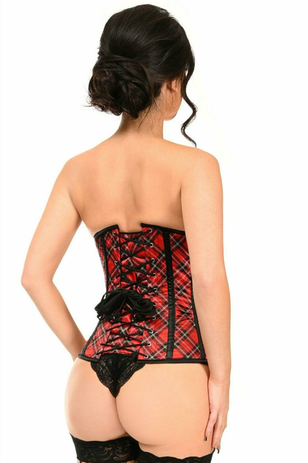 Plaid underbust corset with lace-up back, ribbon accents, black mesh trim
