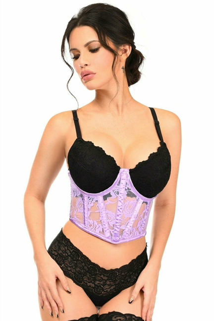 Front view lavender sheer lace underwire corset with black lace cups and trim