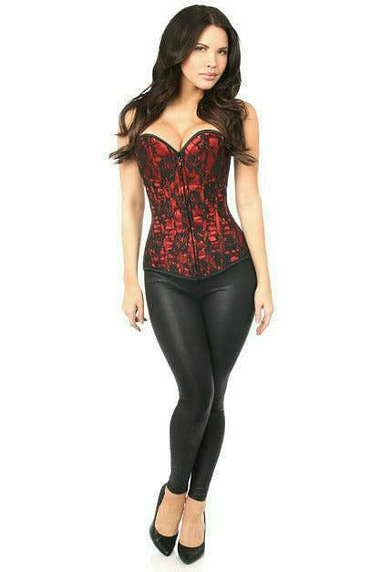 Red and black lace front corset top with sweetheart neckline