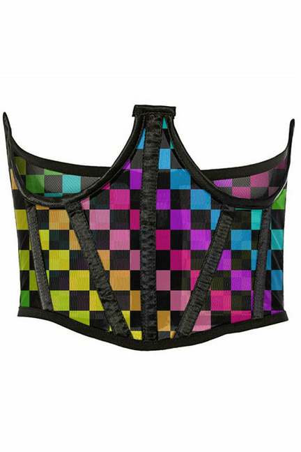 Mesh open-cup waist cincher with colorful checkered pattern and black trim