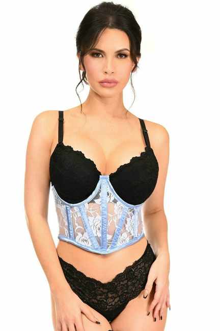Front view waist cincher corset with black underwire cups and sheer blue lace bodice