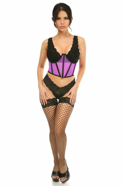 Neon-purple waist cincher with black lace open cups and vertical striped mesh front