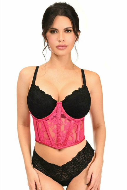 Fuchsia sheer lace underwire waist cincher corset with black lace cups and trim