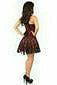 Red lace corset dress with spaghetti straps and short flared skirt.
