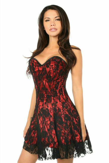 Red and black lace corset dress with sweetheart neckline, fitted waist, and flared skirt hem.
