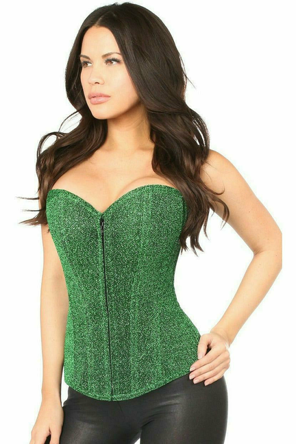 Green glitter sweetheart corset with center front zipper and black lace hem