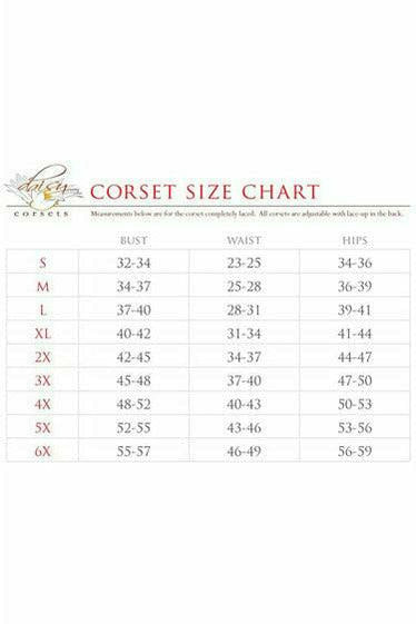 Corset size chart with S–6X bust, waist, and hips measurements