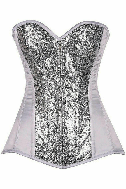 Silver sequin corset with front lacing and boning seams, structured silhouette