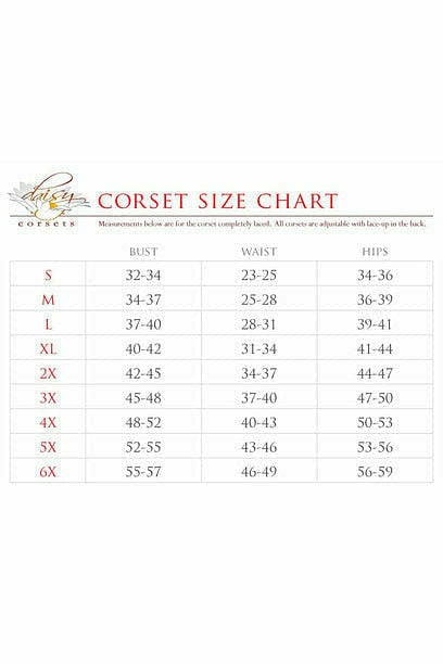 Corset size chart table with bust, waist, hips, and height measurements