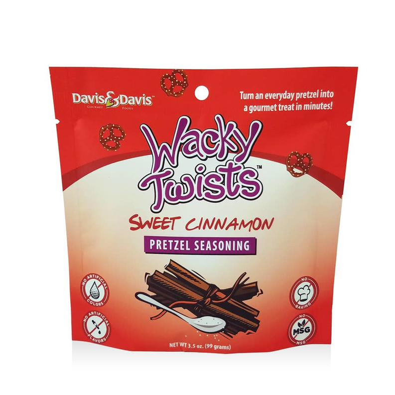 Sweet cinnamon pretzel seasoning pouch, front with Wacky Twists branding.