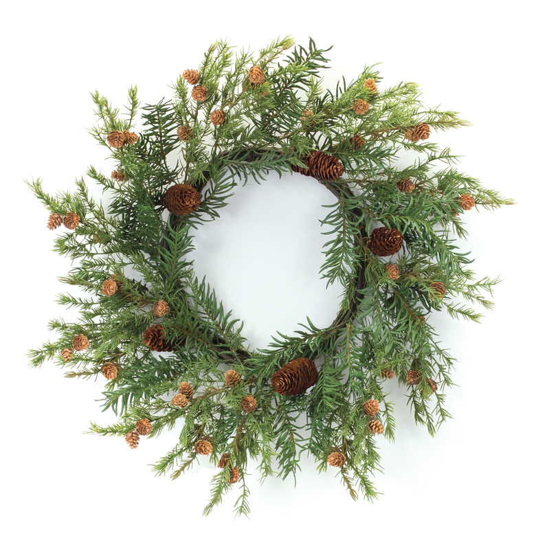 Green pine cone wreath with dense evergreen branches and small pinecones around a circular ring