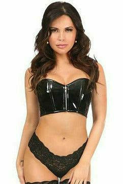 Black patent short bustier top with sweetheart neckline and corset seams