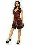 Red lace corset dress with sleeveless corset bodice and short flared skirt