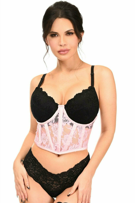 Sheer lace underwire corset with pink panel, black lace cups, lace-trim underbust