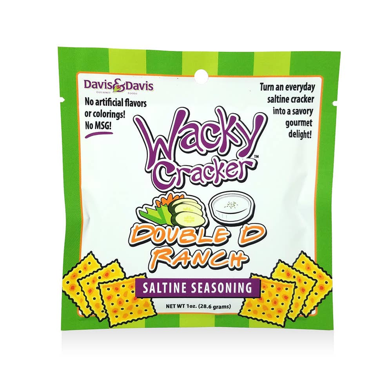 Saltine seasoning cracker package front with Wacky Cracker Double D Ranch branding