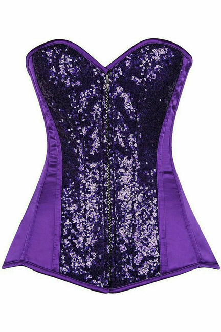 Purple sequin corset with sweetheart neckline and satin trim