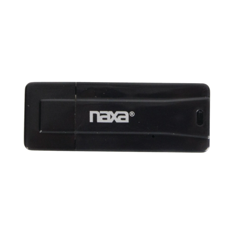 Black Naxa Bluetooth USB wireless audio adapter, side view with logo