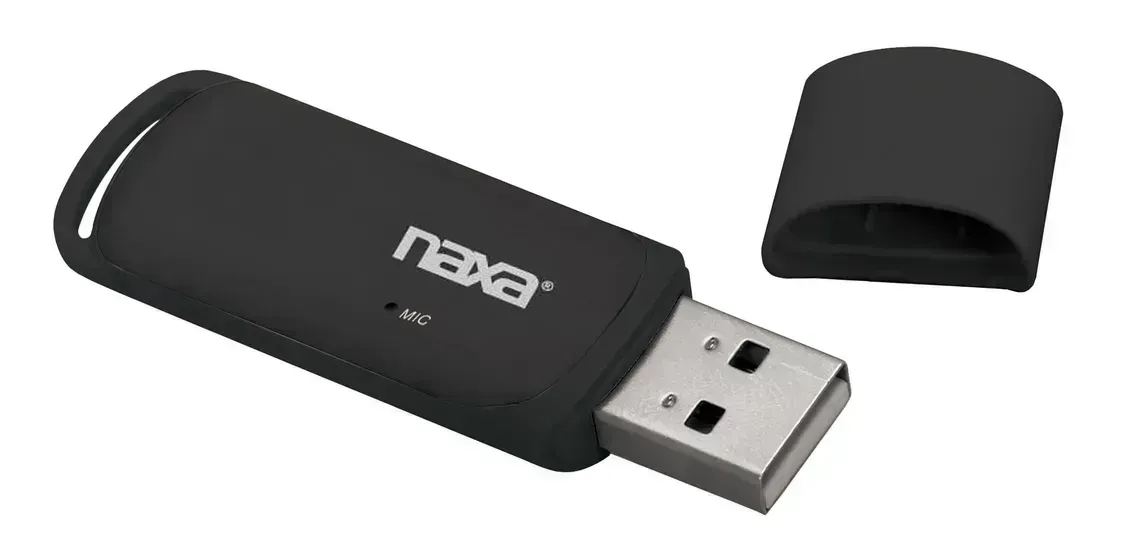Black Naxa Bluetooth USB wireless audio adapter with mic opening and USB plug