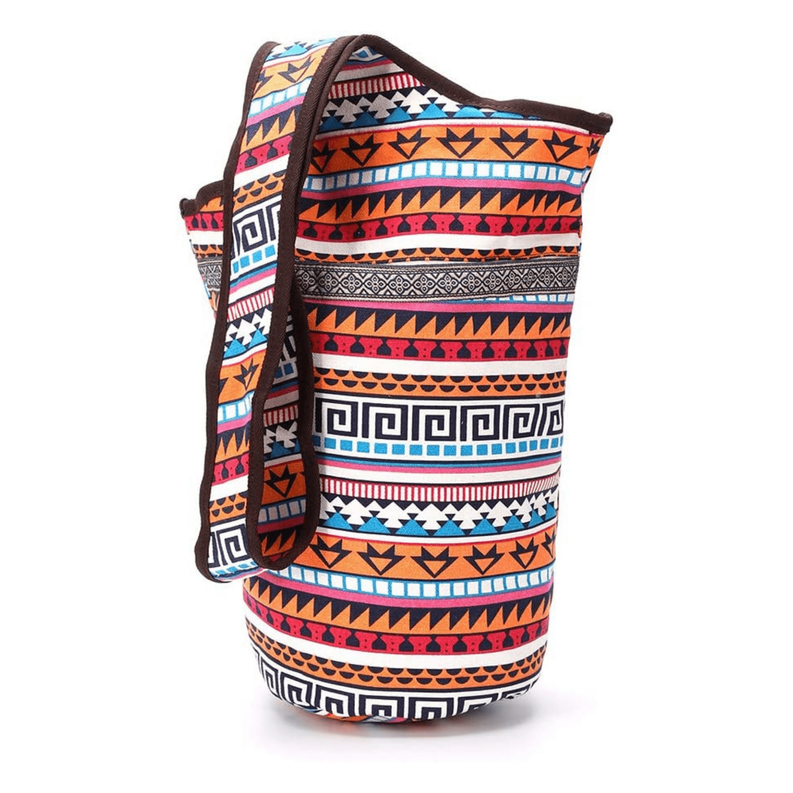 Yoga mat carrying tote bag with colorful tribal print and front pocket