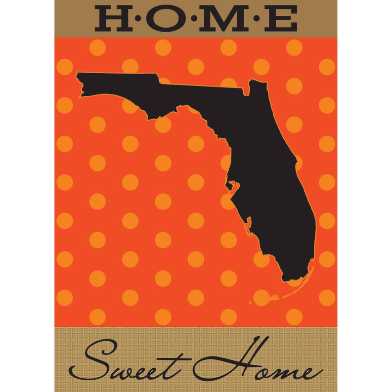 Orange Florida-themed home flag with polka dots, dark Florida outline, Sweet Home script