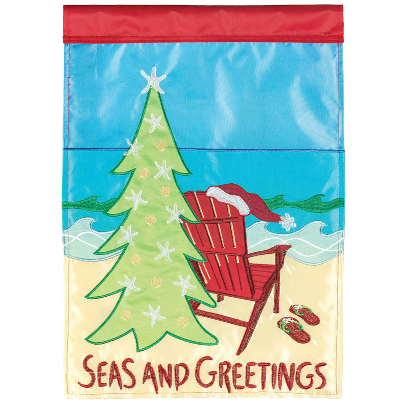 Poly seas and greetings garden flag with blue scene, green tree, red rocking chair, and text