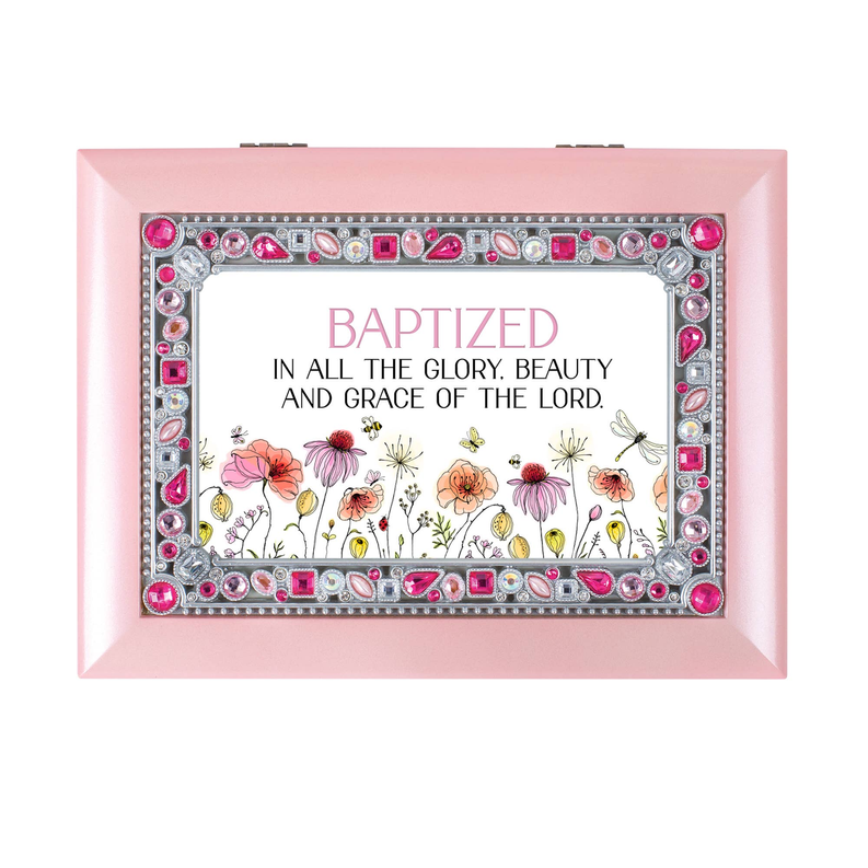 Pink keepsake box with rhinestone-trimmed frame, floral print, and pink quote text.