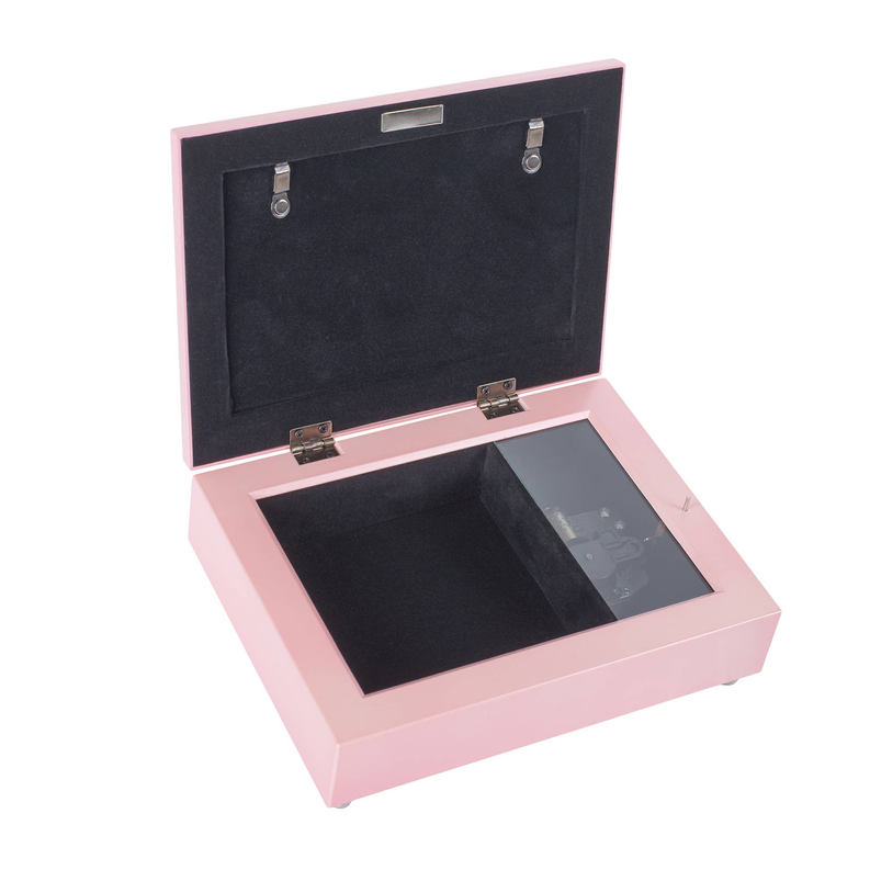 Pink keepsake box open, showing black lining and hinged lid interior.