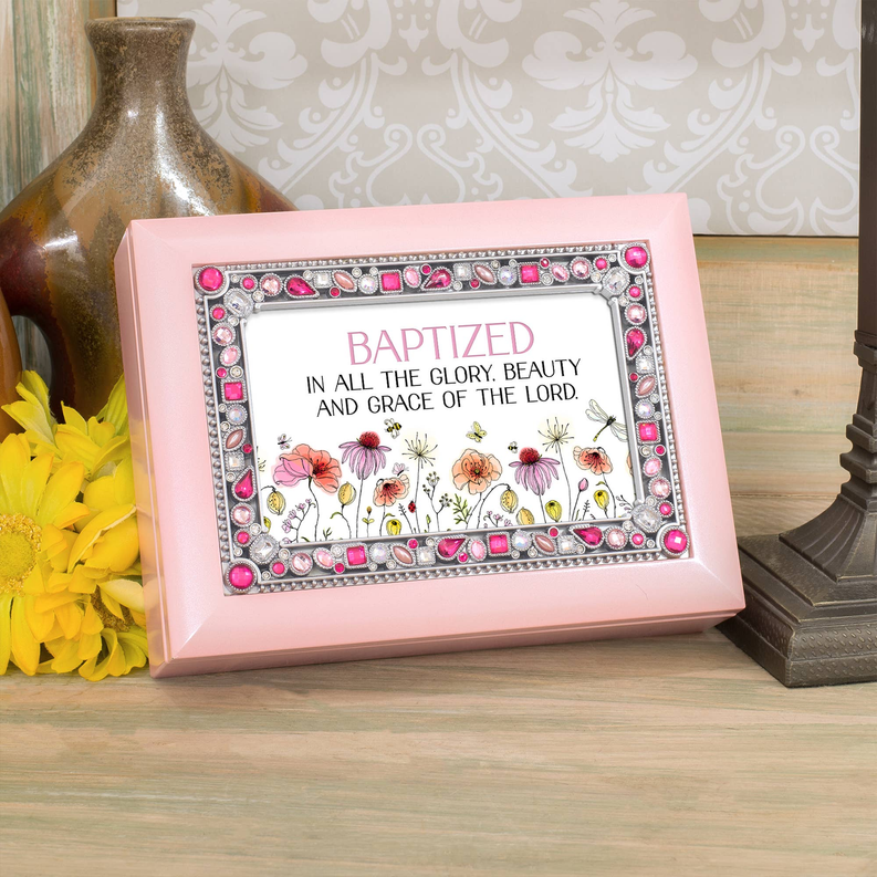 Pink keepsake box featuring a rhinestone frame with floral artwork and quote panel.