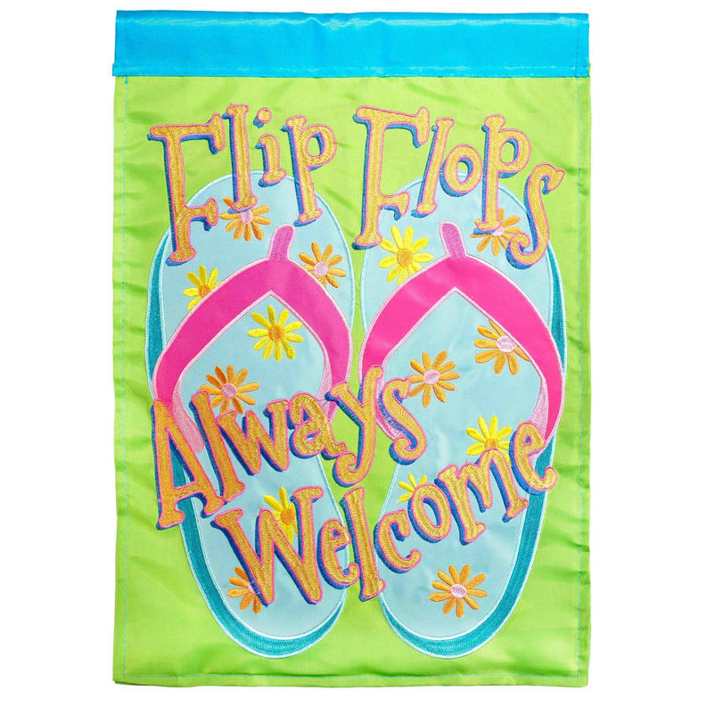 Garden flag with appliqued flip flops and 'Always Welcome' lettering