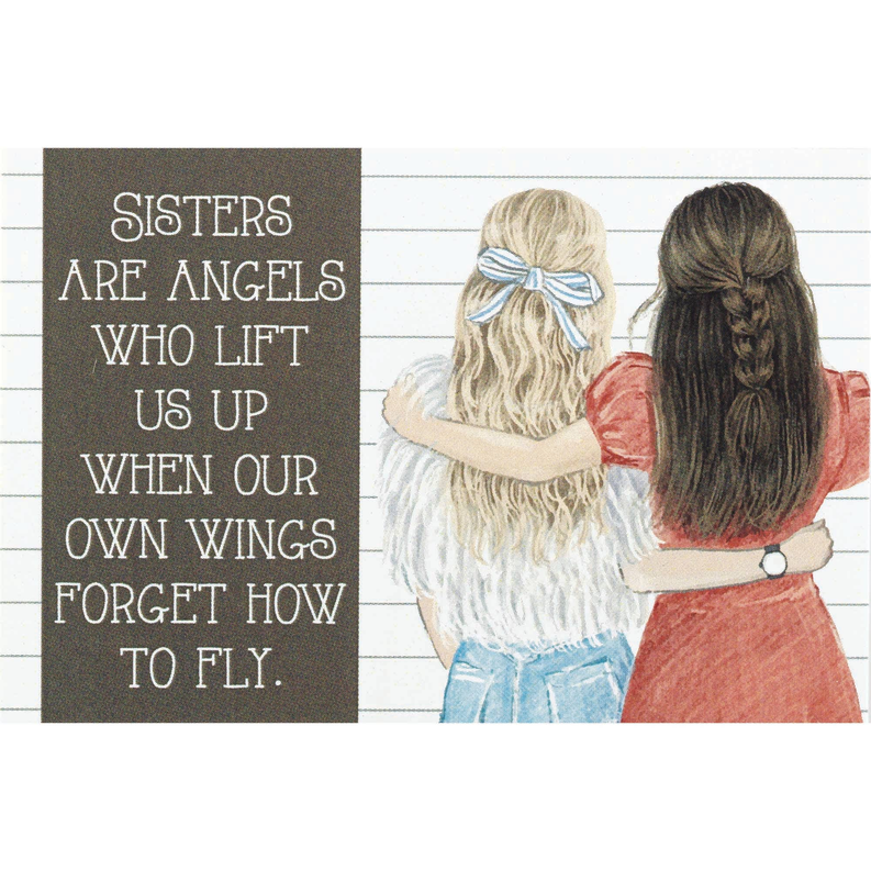 Decorative angel-themed wind chime panel with two back-view figures and quote text