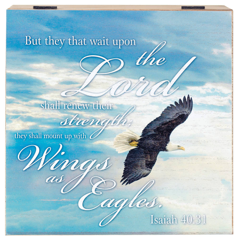 Wood wind chime panel with blue sky verse, eagle graphic, and “Isaiah 40:31”