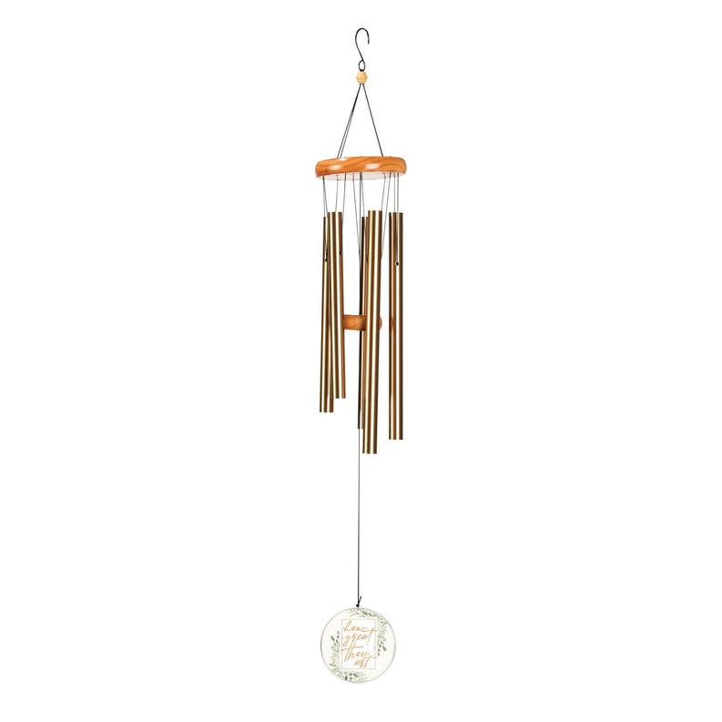 Hanging wind chime with orange top, wooden tubes, and a small bell