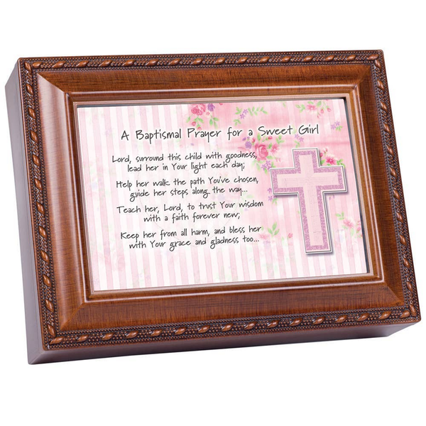 Framed baptismal prayer card for a girl with pink cross