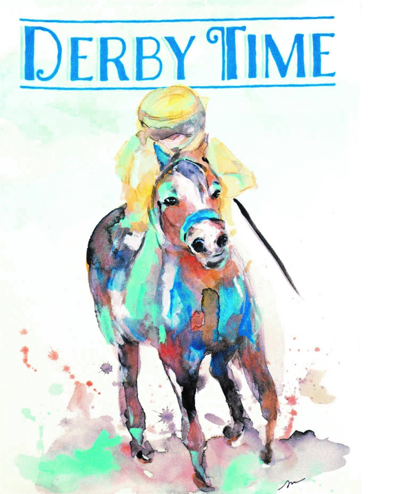 Watercolor jockey and horse banner with 'DERBY TIME' header, close crop