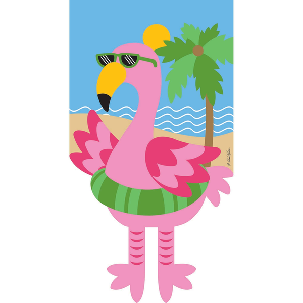 Pink flamingo garden flag with palm tree, sunglasses and wavy sea design on a pole