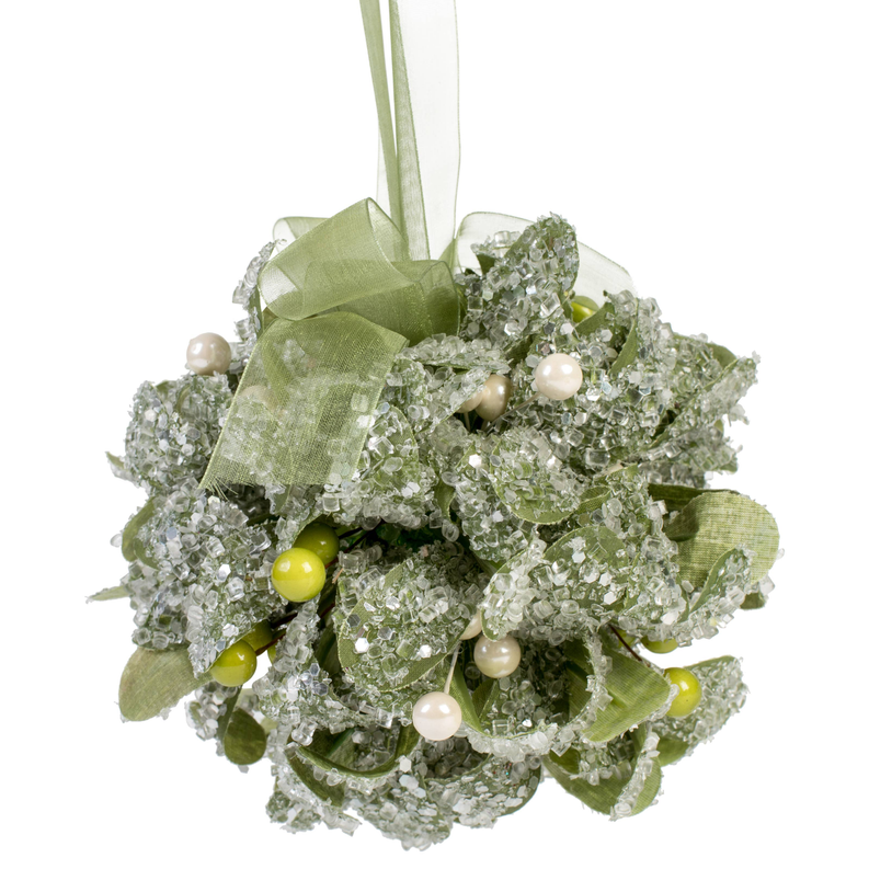 Hanging kissing ball with layered green ribbon, glitter foliage, pearls, and bead accents