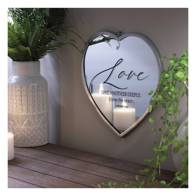 Heart-shaped tabletop mirror with black Love lettering and verse inside