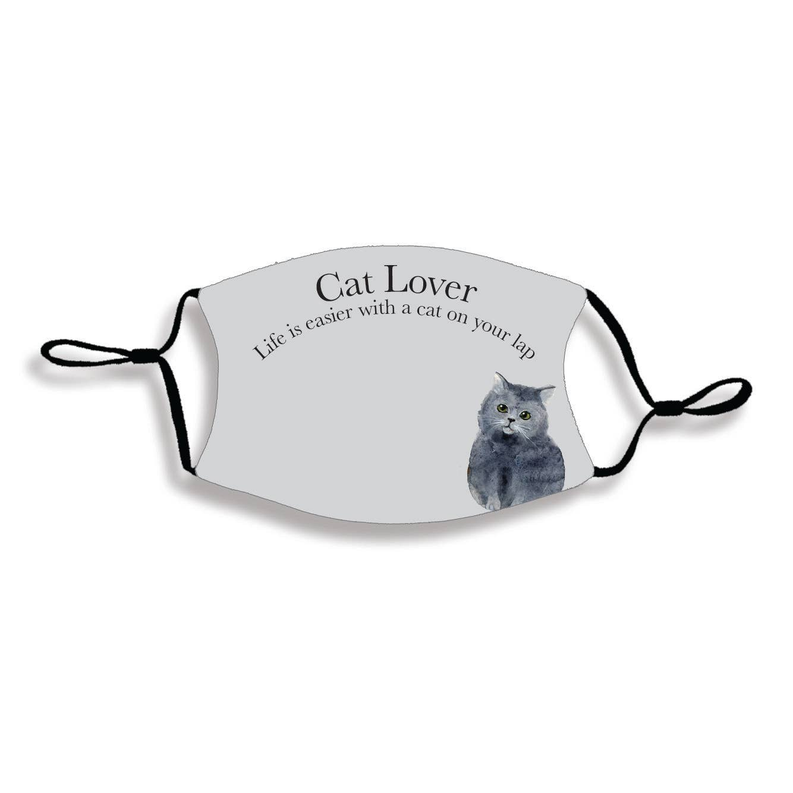 Cat lover face mask, light gray with cat graphic, printed text, black adjustable ties