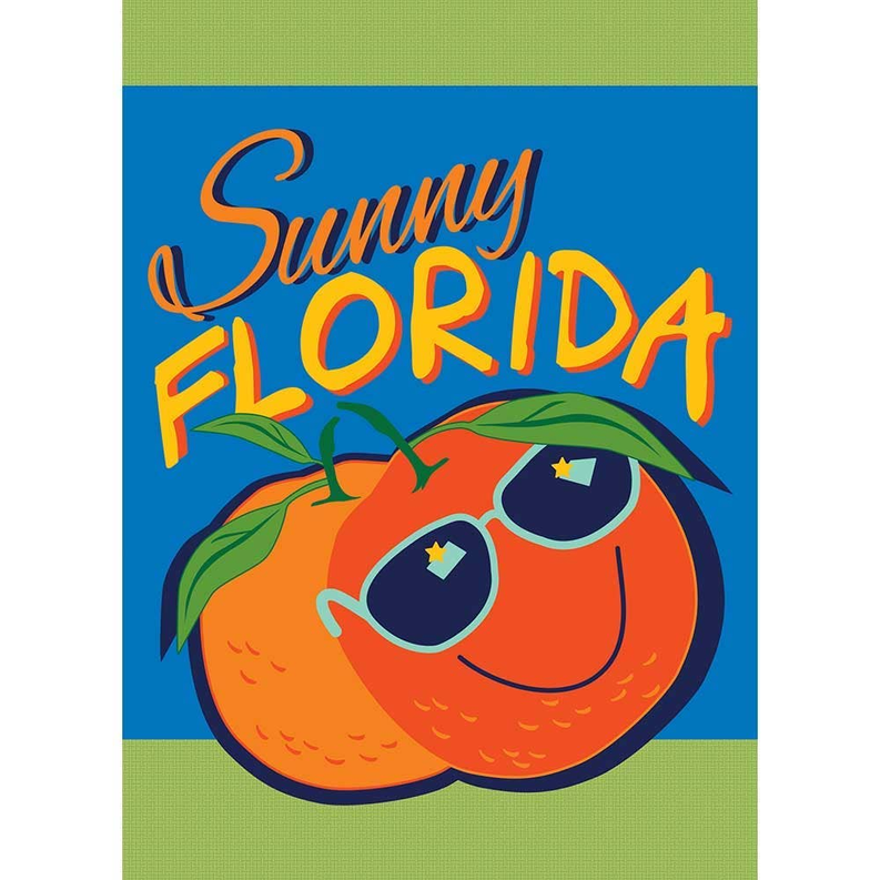 Sunny Florida flag with two orange faces wearing sunglasses and bright lettering