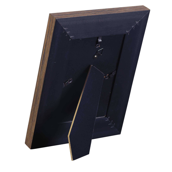 Wood photo frame with dark backing and hanging hardware on the back